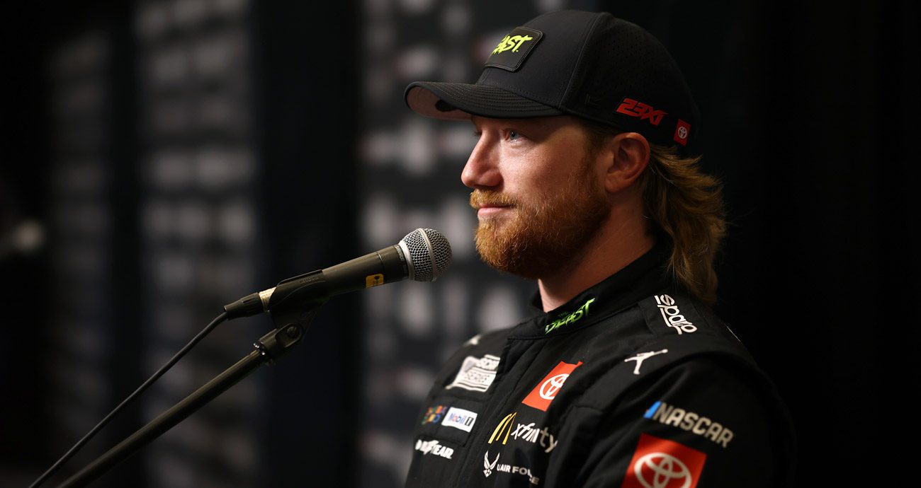 Tyler Reddick speaks during NASCAR Cup Series Playoffs Media Day.