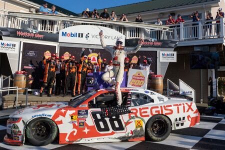 Winner Connor Zilisch leaves on a stretcher in scary Victory Lane fall