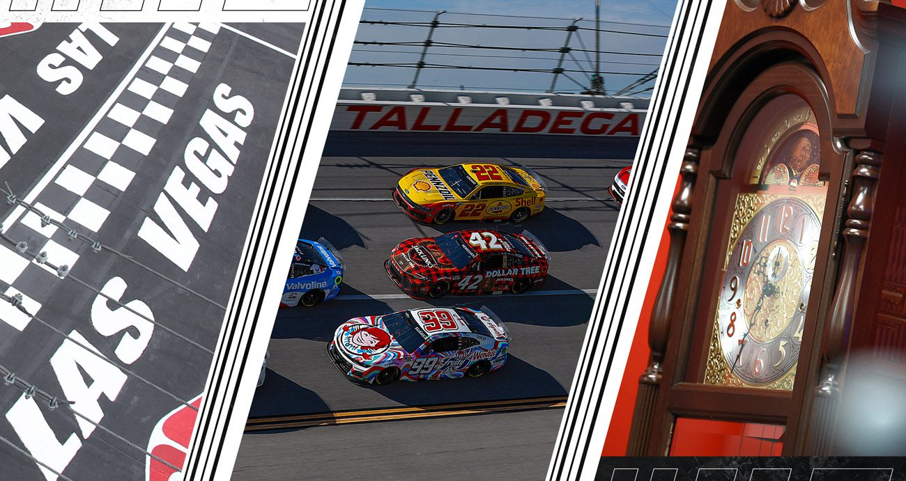 Split image of Las Vegas, Talladega and the Martinsville clock.