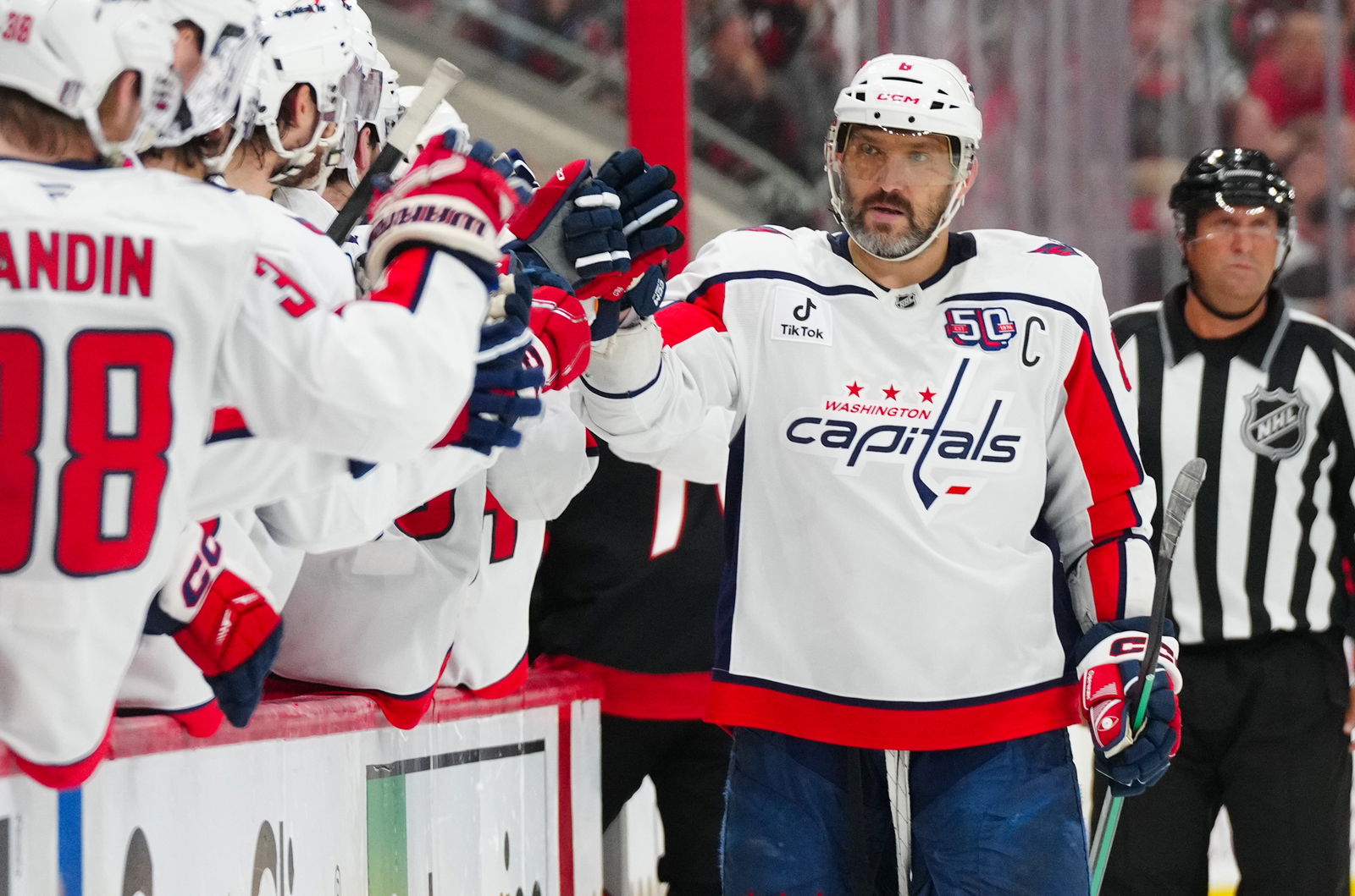 May 12, 2025; Raleigh, North Carolina, USA; Washington Capitals left wing Alex Ovechkin (8) scores a goal against the Carolina Hurricanes during the third period in game four of the second round of the 2025 Stanley Cup Playoffs at Lenovo Center. Mandatory Credit: James Guillory-Imagn Images