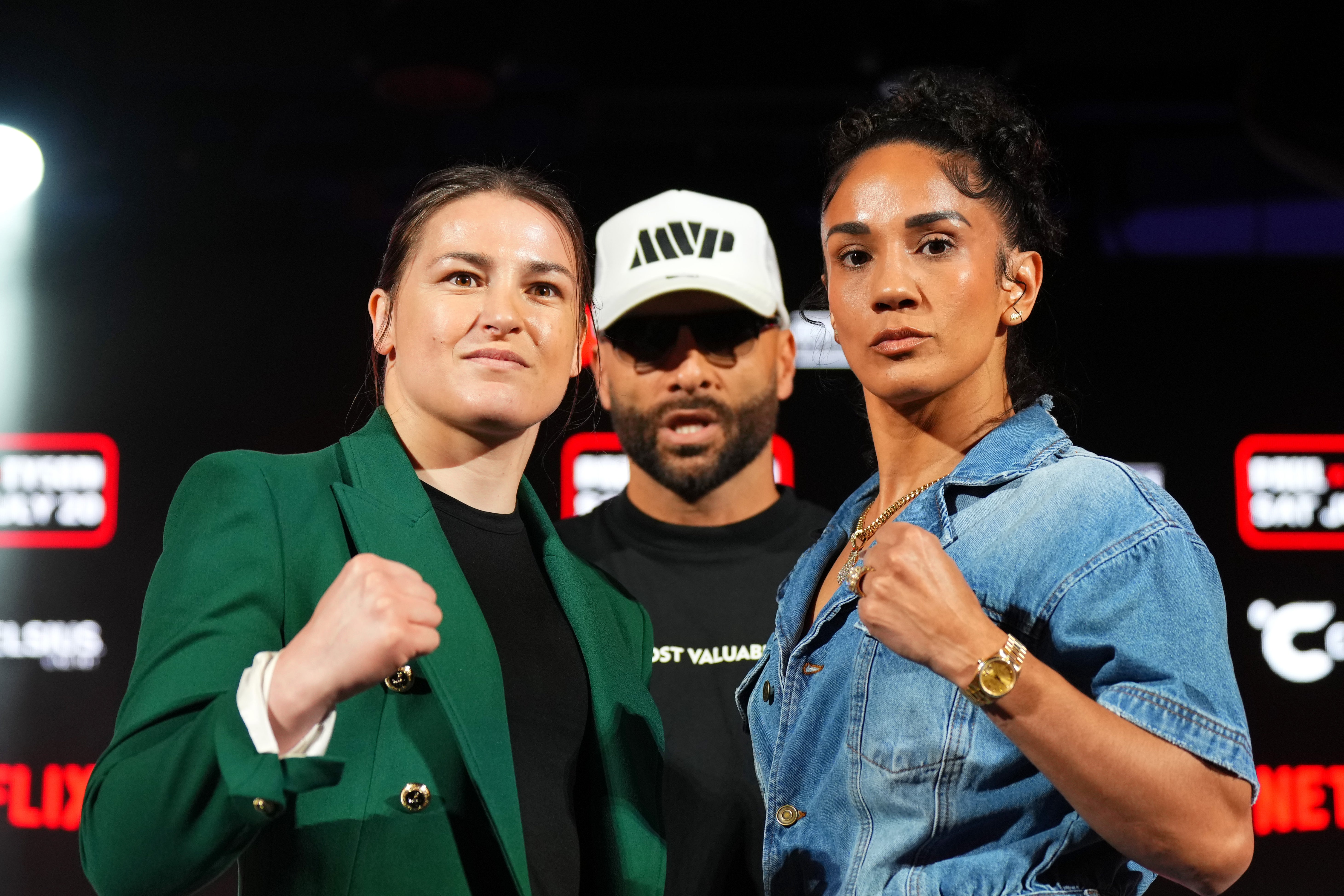 Amanda Serrano (right) and Katie Taylor, pictured with Bidarian ahead of their 2024 rematch