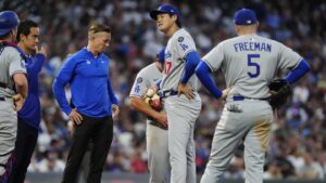 Dodgers’ Ohtani roughed up by Rockies, leaves game after getting hit on right thigh by line drive