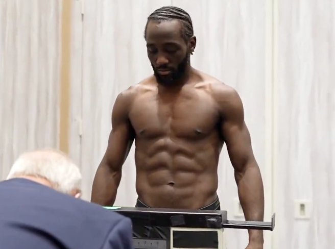 Terence Crawford weighing in for his super-middleweight debut, against Canelo Alvarez