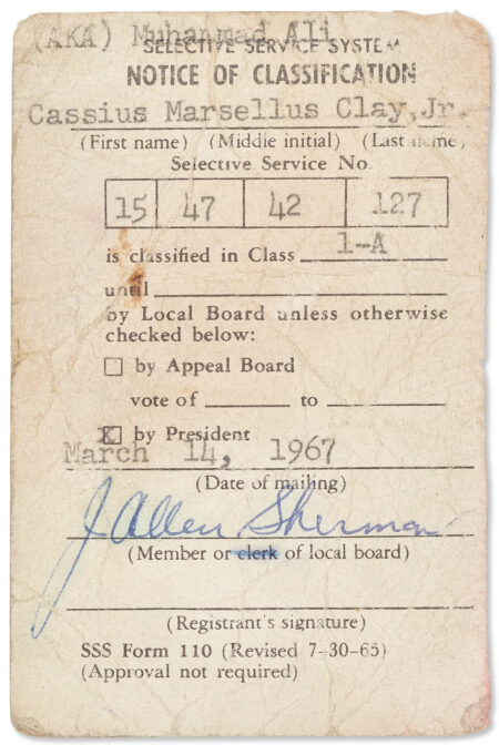Muhammad Ali’s unsigned draft card, a piece of Vietnam-era history, will be auctioned