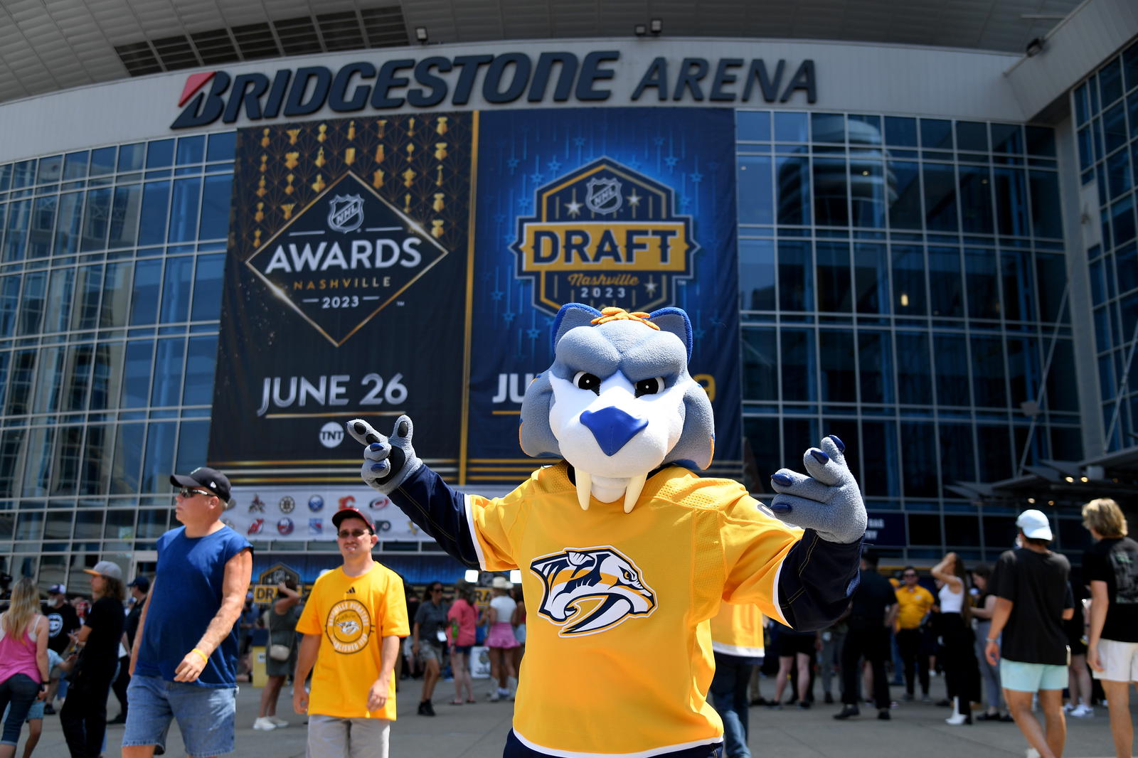 Jun 28, 2023; Nashville, Tennessee, USA; Nashville Predators mascot Gnash before the 2023 NHL Draft at Bridgestone Arena. Mandatory Credit: Christopher Hanewinckel-Imagn Images