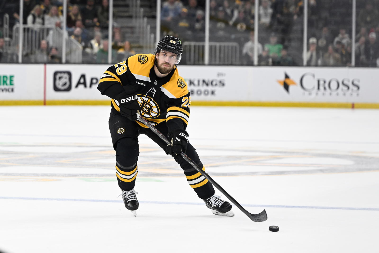 Mar 15, 2025; Boston, Massachusetts, USA; Boston Bruins defenseman Parker Wotherspoon (29) passes the puck during the third period against the Tampa Bay Lightning at TD Garden. Mandatory Credit: Eric Canha-Imagn Images