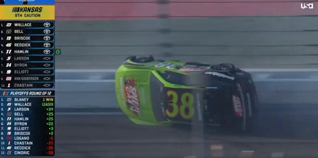 NASCAR: Zane Smith’s car flips over after riding the wall in late-race crash at Kansas before surprise win by Chase Elliott