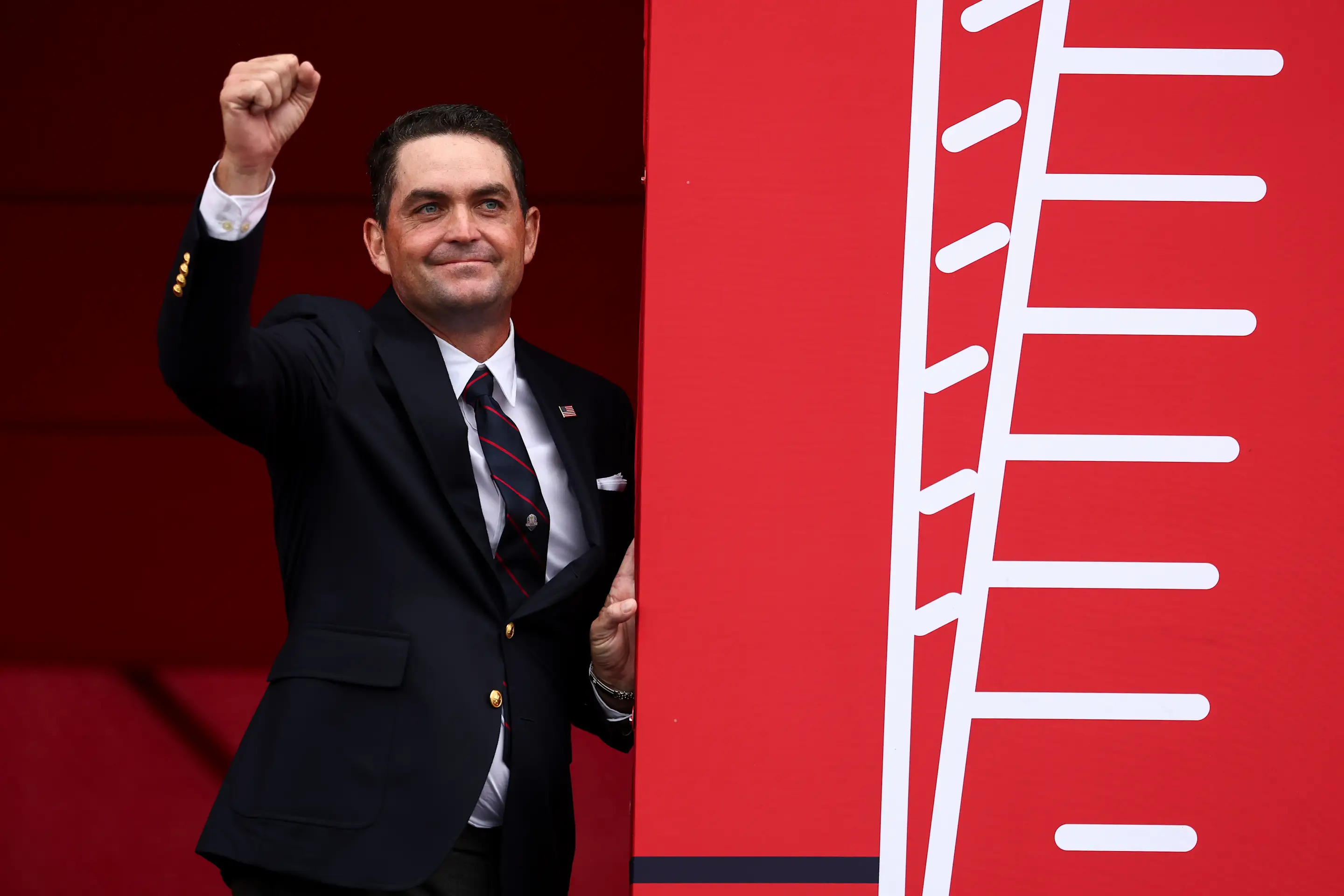 FARMINGDALE, NEW YORK - SEPTEMBER 24: Keegan Bradley, Captain of Team United States acknowledges the crowd during the opening ceremony for the 2025 Ryder Cup at Black Course at Bethpage State Park Golf Course on September 24, 2025 in Farmingdale, New York. (Photo by Jared C. Tilton/Getty Images)