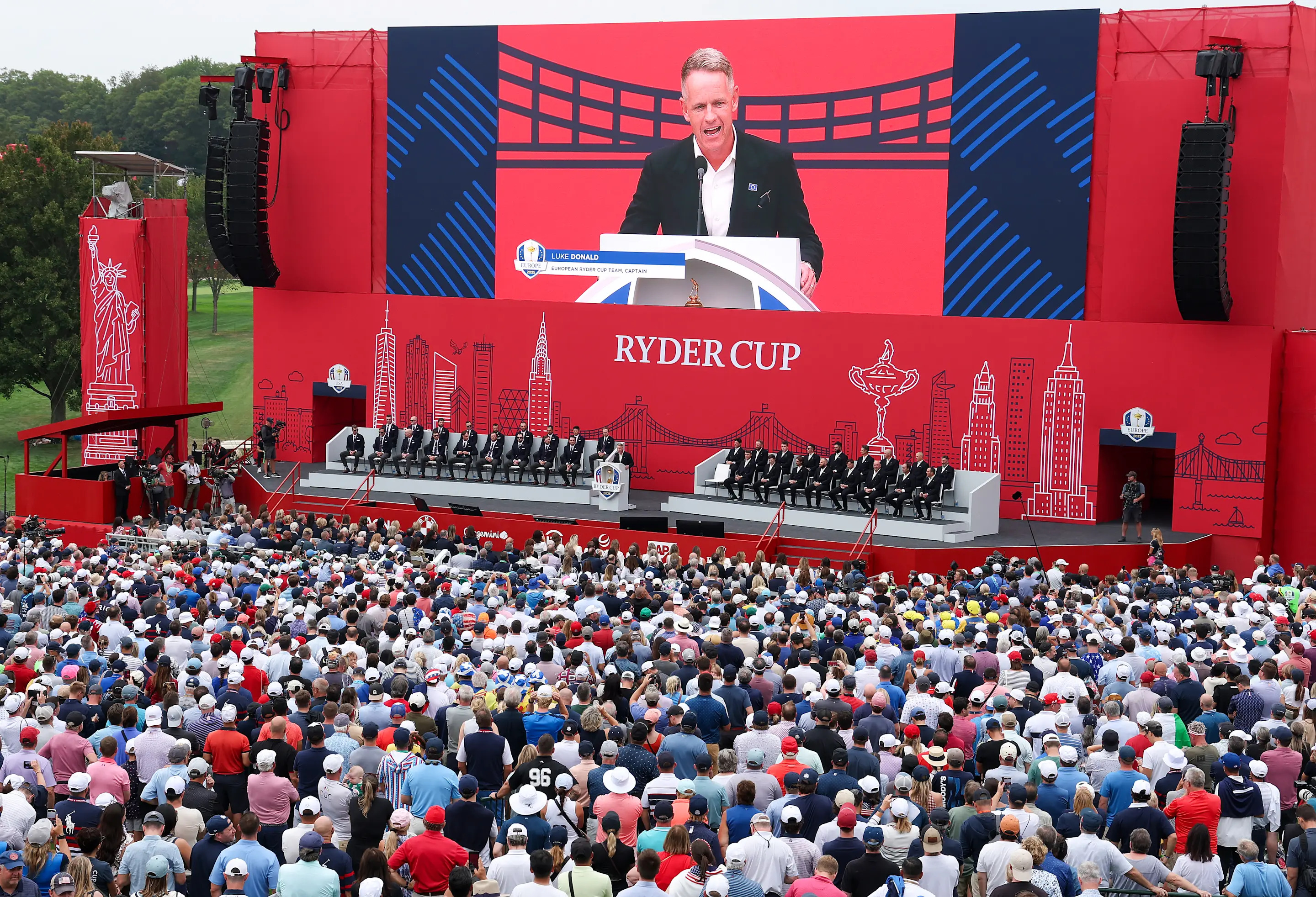 FARMINGDALE, NEW YORK - SEPTEMBER 24: Captain Luke Donald of Team Europe speaks to the crowd during the opening ceremony for the 2025 Ryder Cup at Black Course at Bethpage State Park Golf Course on September 24, 2025 in Farmingdale, New York. (Photo by Jamie Squire/Getty Images)