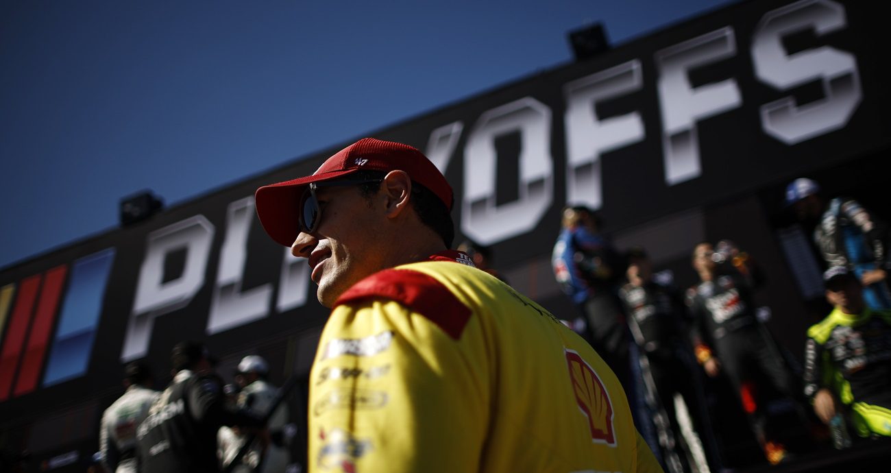 KANSAS CITY, KANSAS - SEPTEMBER 29: Joey Logano, driver of the #22 Shell Pennzoil Ford, waits backstage during pre-race ceremonies prior to the NASCAR Cup Series Hollywood Casino 400 Presented by ESPN BET at Kansas Speedway on September 29, 2024 in Kansas City, Kansas. (Photo by Chris Graythen/Getty Images)