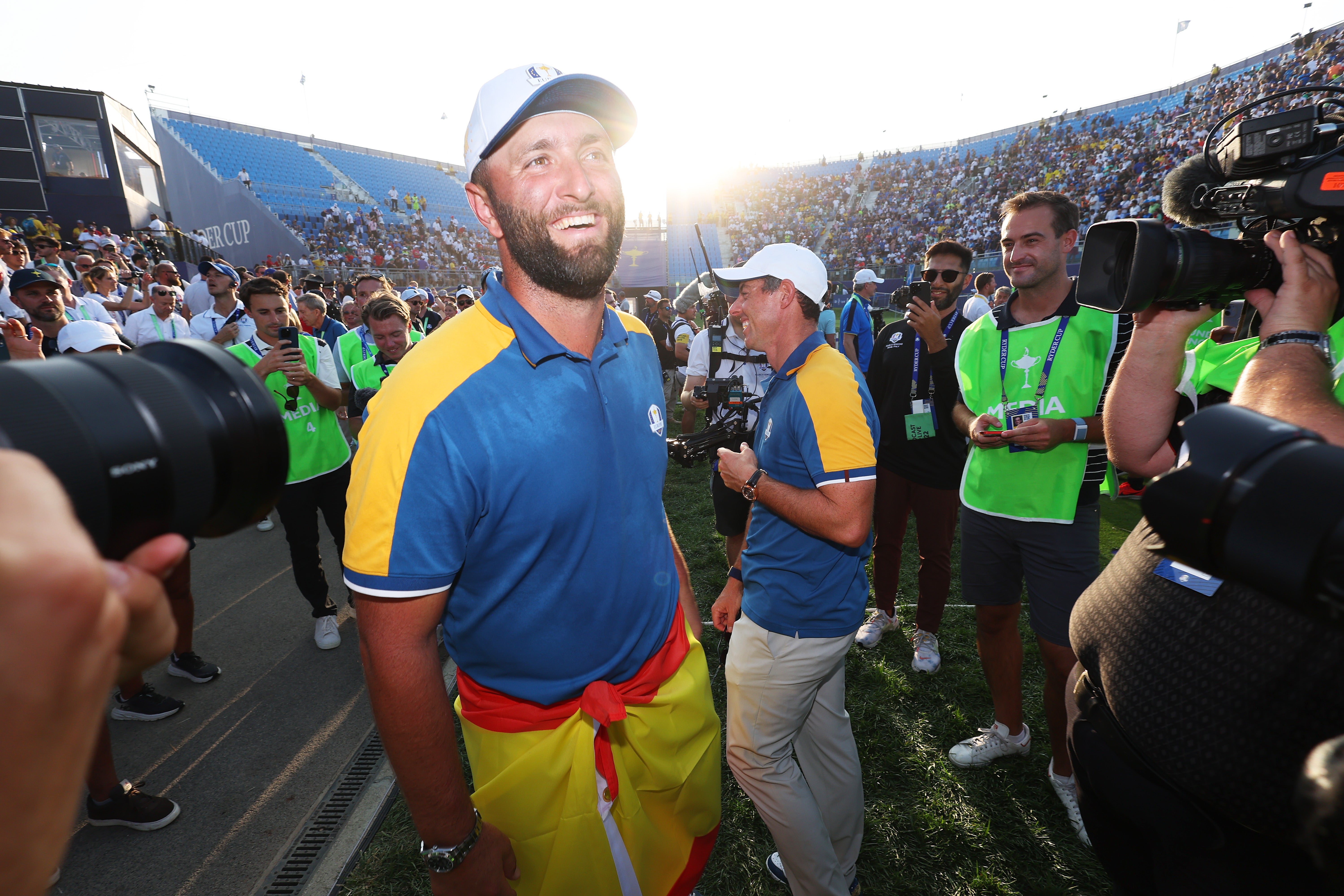 Jon Rahm and Rory McIlroy revel in Europe’s Ryder Cup victory at Marco Simone Golf Club two years ago