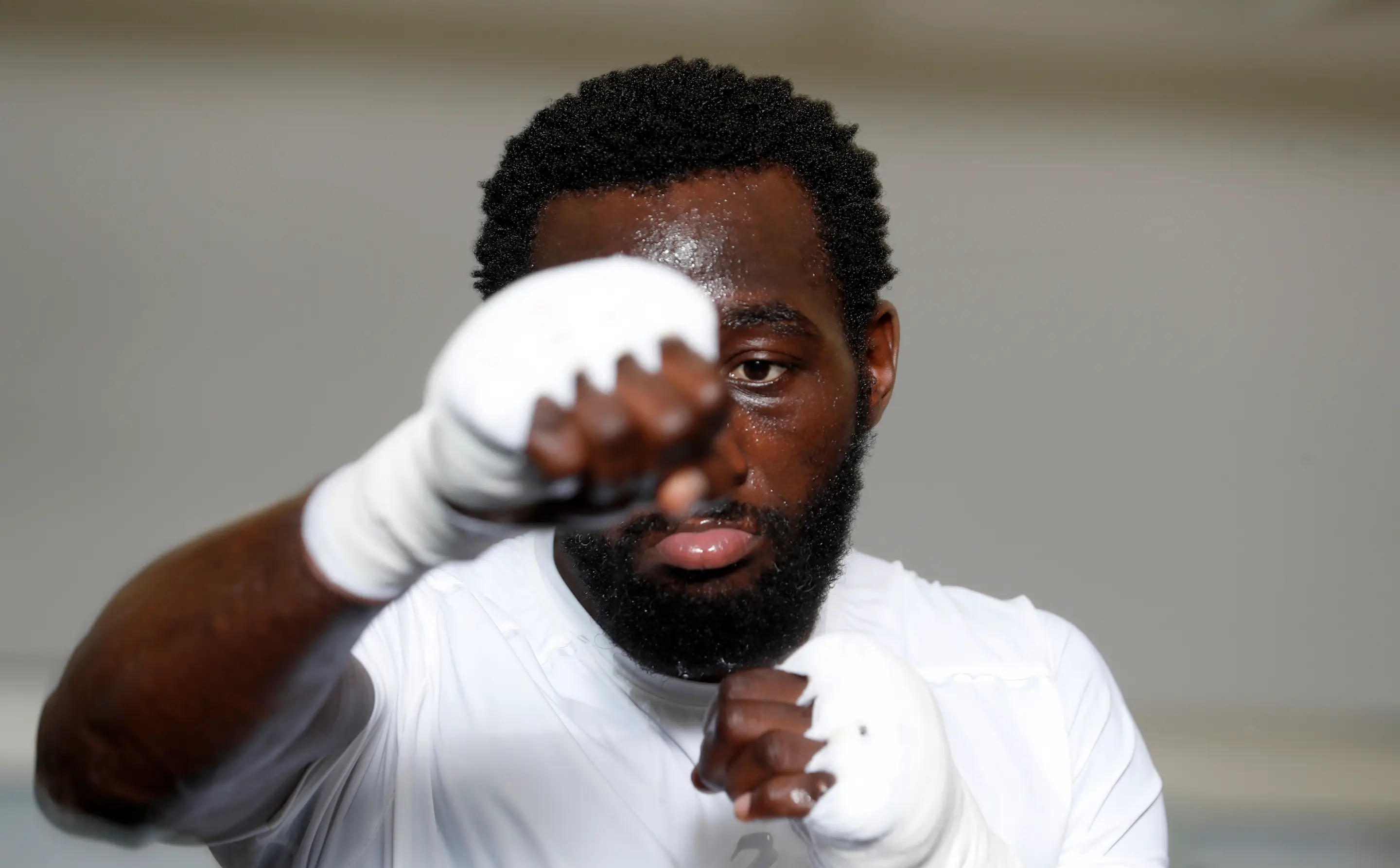 LAS VEGAS, NEVADA - JULY 19: Undefeated WBO welterweight champion Terence Crawford shadowboxes during a media workout at UFC APEX on July 19, 2023 in Las Vegas, Nevada. Crawford is scheduled to fight WBC/WBA and IBF welterweight champion Errol Spence Jr. at T-Mobile Arena on July 29, 2023, in Las Vegas. (Photo by Steve Marcus/Getty Images)