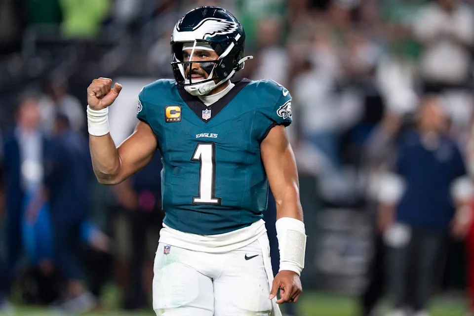 Philadelphia Eagles quarterback Jalen Hurts celebrates during a Week 1 win.