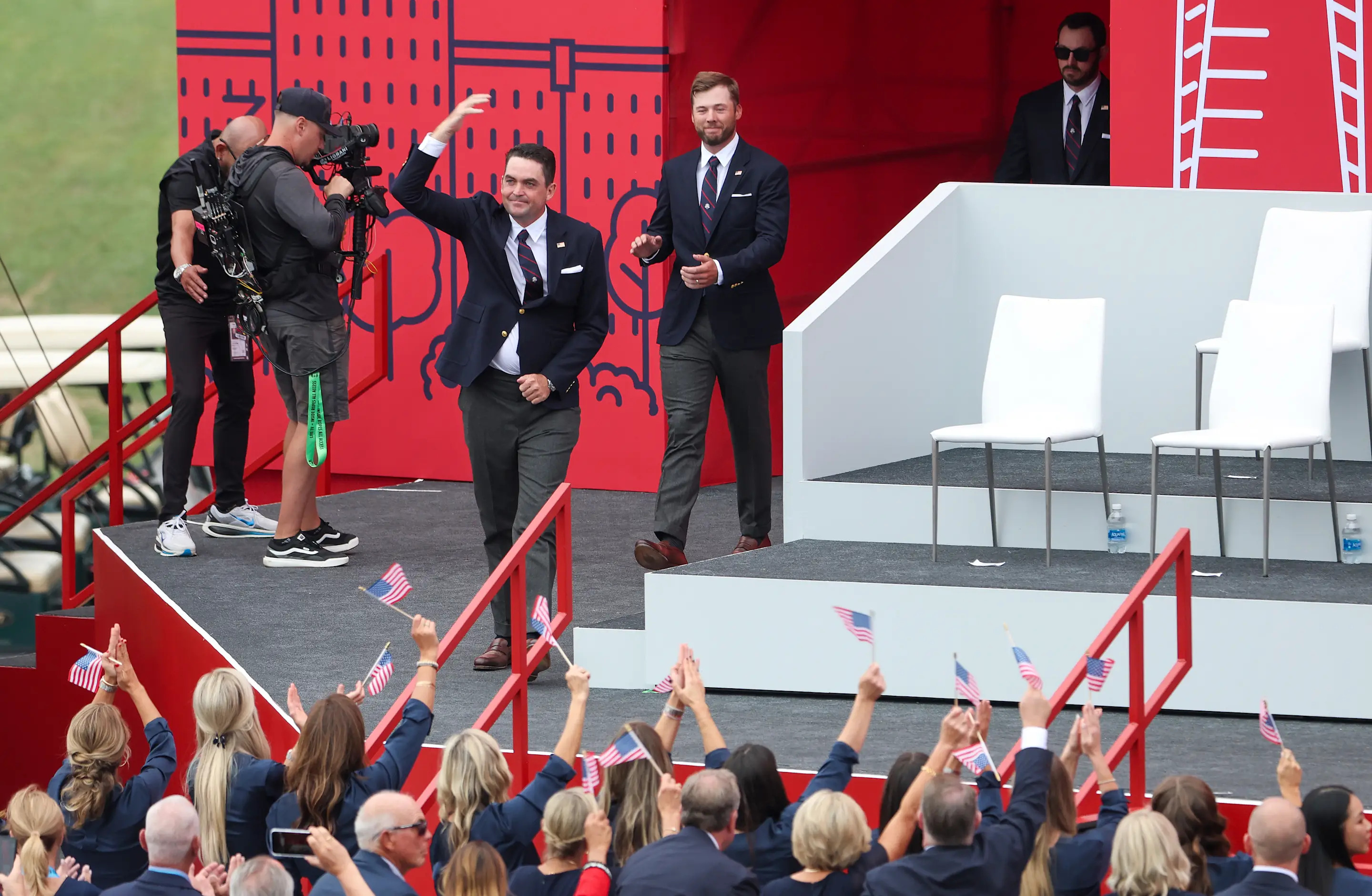 FARMINGDALE, NEW YORK - SEPTEMBER 24: Captain Keegan Bradley of Team United States walks onto the stage during the opening ceremony for the 2025 Ryder Cup at Black Course at Bethpage State Park Golf Course on September 24, 2025 in Farmingdale, New York. (Photo by Jamie Squire/Getty Images)