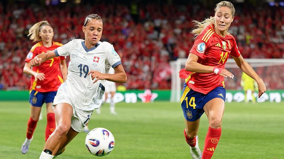 Iman Beney playing for Switzerland against Spain at Euro 2025