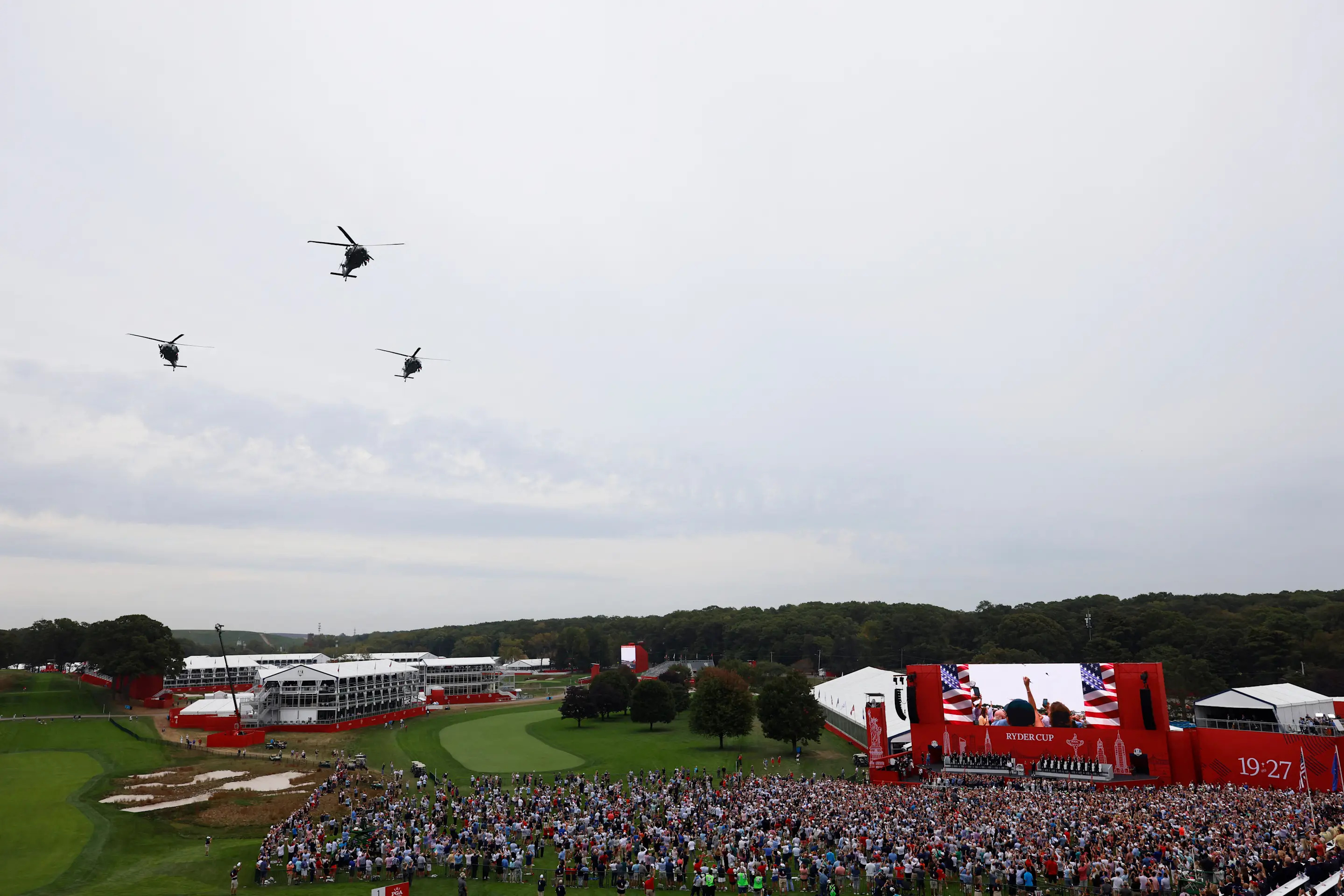 Golf - The 2025 Ryder Cup - Bethpage Black Golf Course, Farmingdale, New York, United States - September 24, 2025 Helicopters flyover as the U.S. national anthem is played during the opening ceremony IMAGN IMAGES via Reuters/Peter Casey