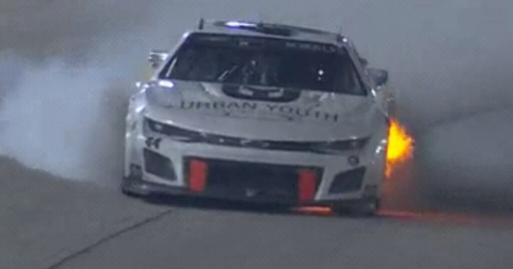 Derek Kraus No. 44 car bursts into flames, pours smoke during Stage 3 of Darlington NASCAR race