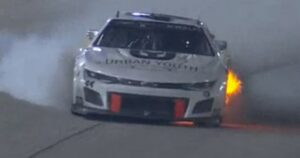 Derek Kraus No. 44 car bursts into flames, pours smoke during Stage 3 of Darlington NASCAR race