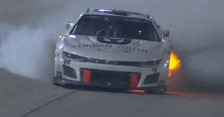 Derek Kraus No. 44 car bursts into flames, pours smoke during Stage 3 of Darlington NASCAR race