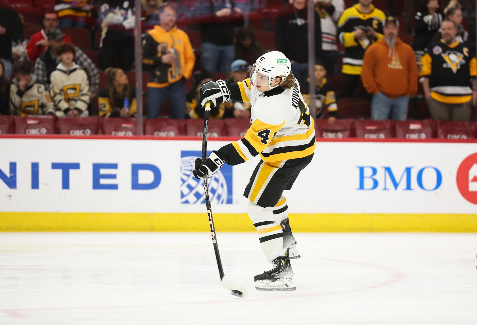 Apr 6, 2025; Chicago, Illinois, USA; Pittsburgh Penguins right wing Ville Koivunen (41) warms up before a game against the Chicago Blackhawks at United Center. Mandatory Credit: Talia Sprague-Imagn Images