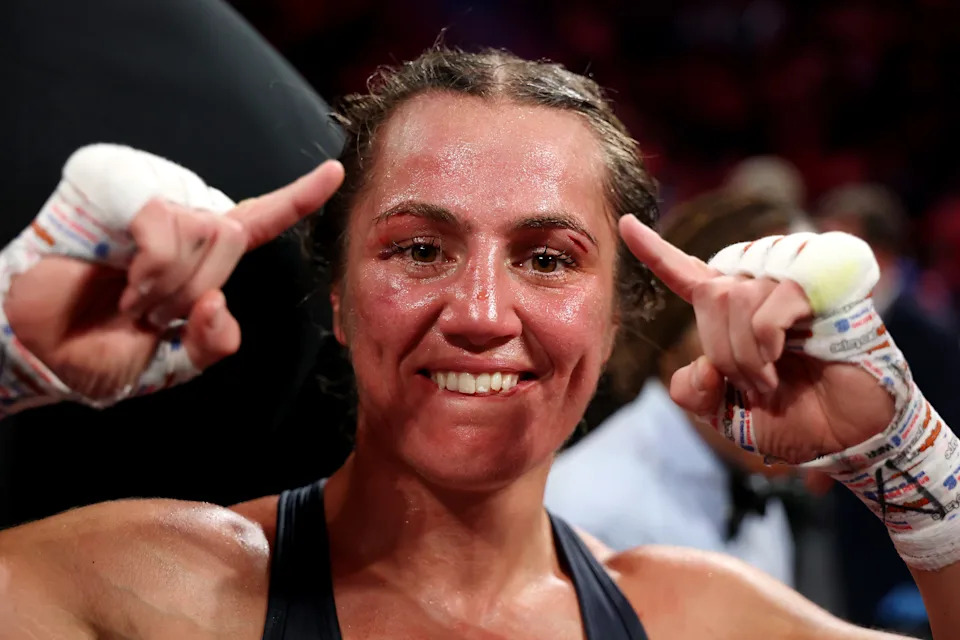 NEW YORK, NEW YORK - JULY 11: Ellie Scotney celebrates defeating Yamileth Mercado by unanimous decision in their IBF, WBC, WBO, and Ring super bantamweight title bout during Netflix's Katie Taylor vs Amanda Serrano 3 at Madison Square Garden on July 11, 2025 in New York City. (Photo by Al Bello/Getty Images for Netflix)
