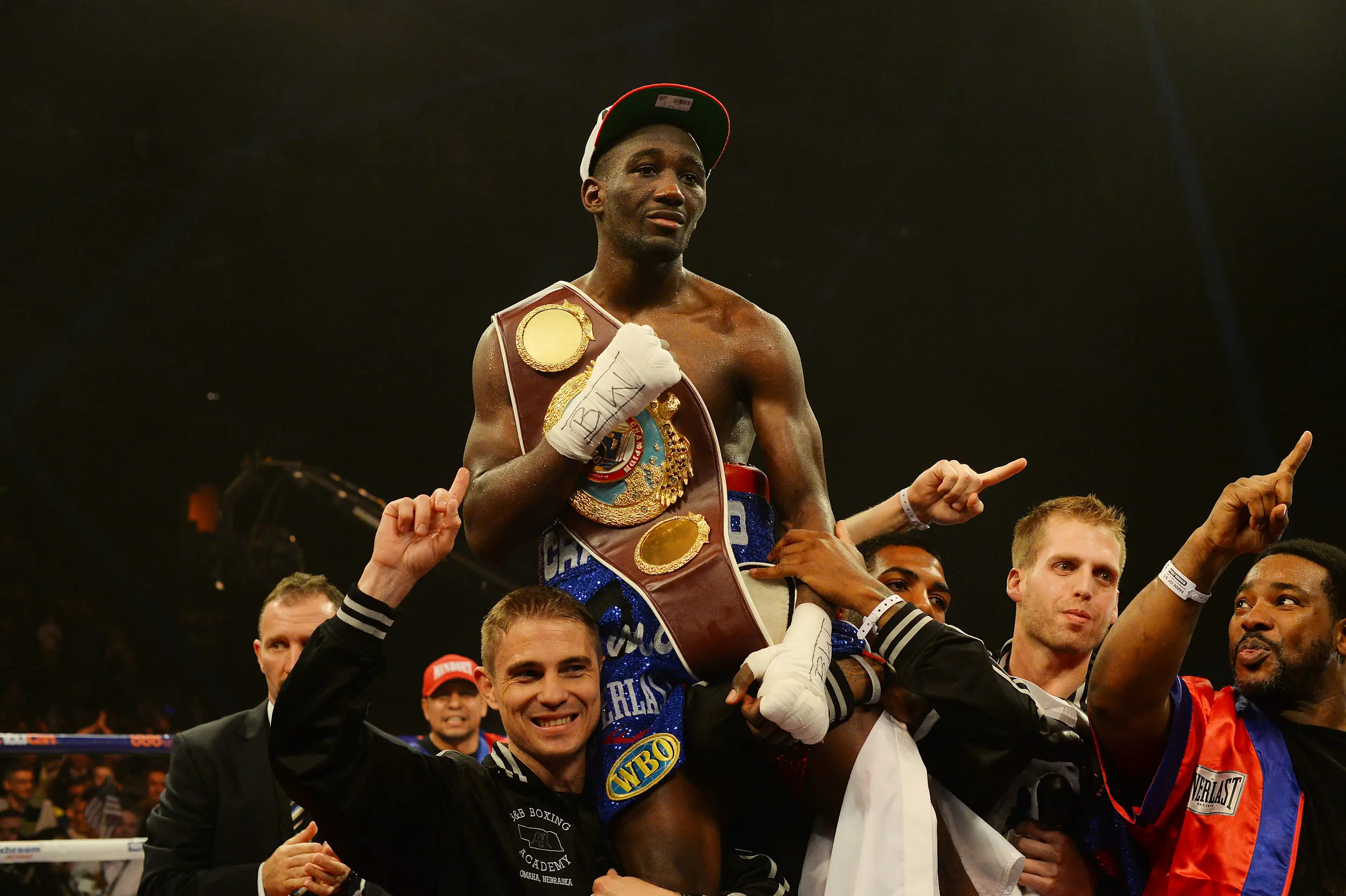 GLASGOW, SCOTLAND - MARCH 1 :  Terence Crawford celebrates his victory over Rick Burns during the WBO World Lightweight Championship Boxing match at the Glasgow SECC on March 1 2014 in Glasgow, Scotland. (Photo by Mark Runnacles/Getty Images)