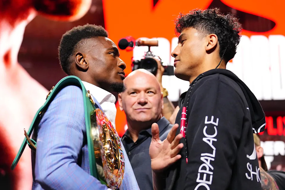 LAS VEGAS, NEVADA - SEPTEMBER 11: (L-R) Opponents Christian Mbilli and Lester Martinez face off during the Canelo v Crawford undercard press conference at T-Mobile Arena on September 11, 2025 in Las Vegas, Nevada. (Photo by Chris Unger/TKO Worldwide LLC via Getty Images)