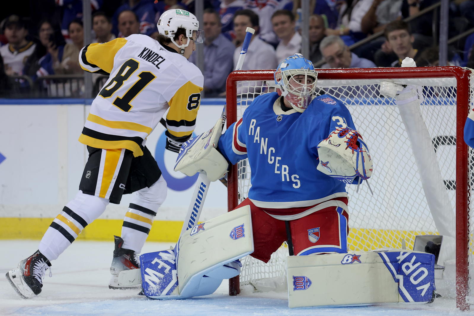 Oct 7, 2025; New York, New York, USA; New York Rangers goaltender Igor Shesterkin (31) tends net against Pittsburgh Penguins center Ben Kindel (81) during the second period at Madison Square Garden. Mandatory Credit: Brad Penner-Imagn Images