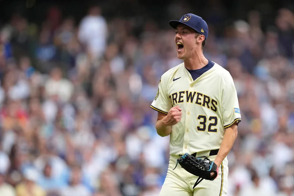 The Milwaukee Brewers' Jacob Misiorowski reacts after striking out the Dodgers' Freddie Freeman during a game on July 8.