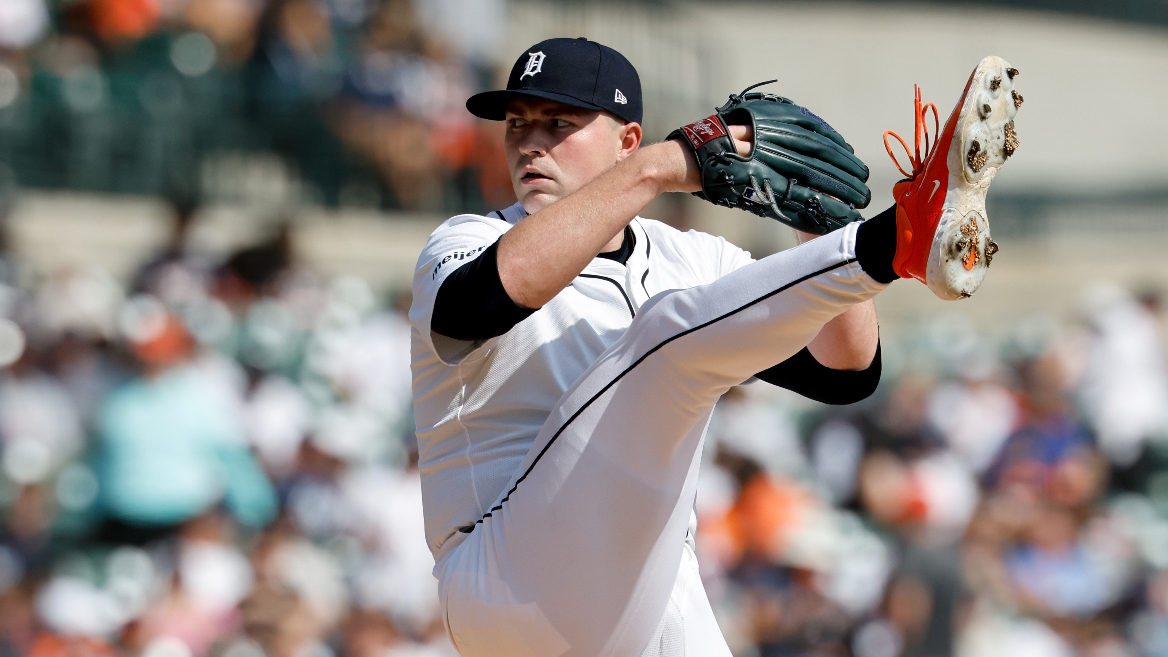 Sep 18, 2025; Detroit, Michigan, USA; Detroit Tigers pitcher Tarik Skubal (29) pitches in the sixth inning against the Cleveland Guardians at Comerica Park. 