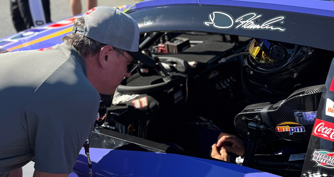 Chris Gabehart and Denny Hamlin speak before racing at Las Vegas.