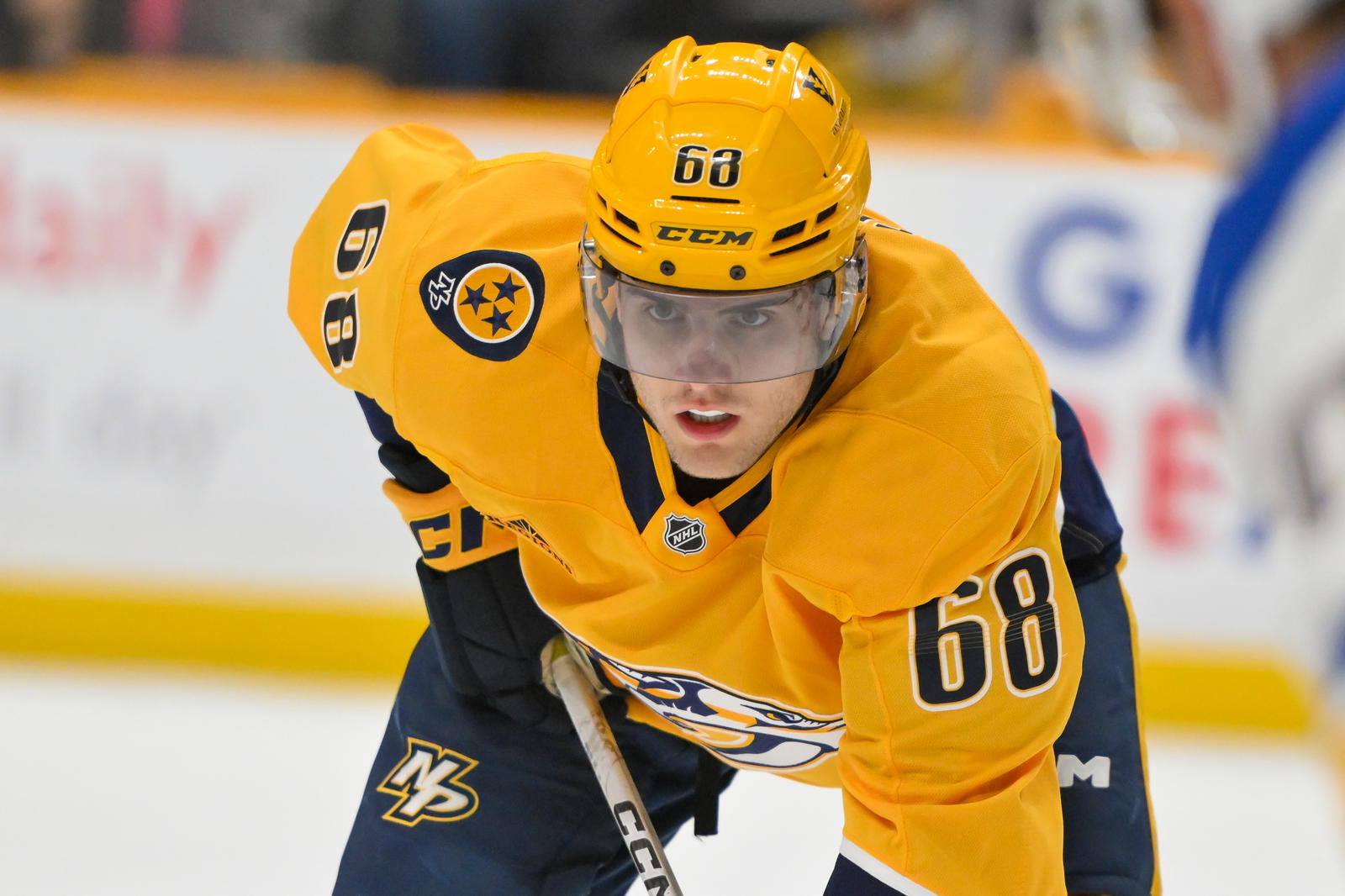 Mar 27, 2025; Nashville, Tennessee, USA; Nashville Predators left wing Zachary L'Heureux (68) waits for the face-off against the St. Louis Blues during the third period at Bridgestone Arena. Mandatory Credit: Steve Roberts-Imagn Images