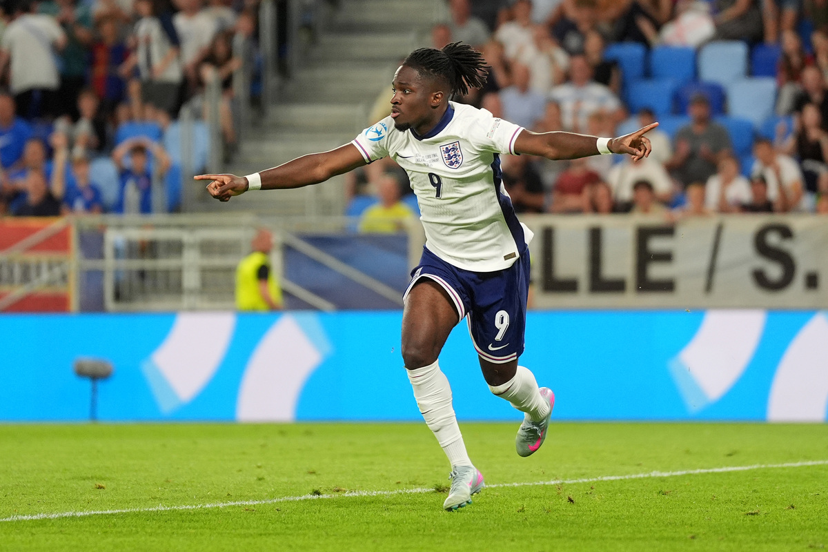BRATISLAVA, SLOVAKIA - JUNE 28: Jonathan Rowe of England celebrates scoring his team's third goal during the UEFA European Under-21 Championship 2025 Final match between England and Germany at National Football stadium on June 28, 2025 in Bratislava, Slovakia. (Photo by Christian Hofer/Getty Images) (Roma and Bologna links)