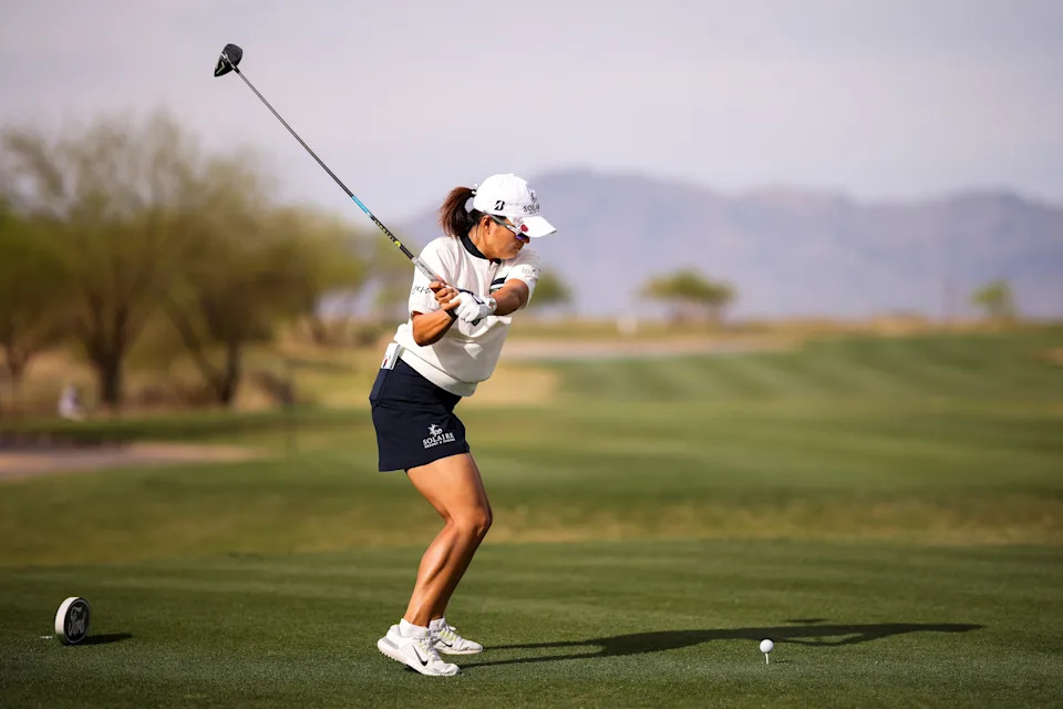 Jin Young Ko hits a tee shot on the 14th hole during the second round of the 2025 Ford Championship presented by Wild Horse Pass at Whirlwind Golf Club.