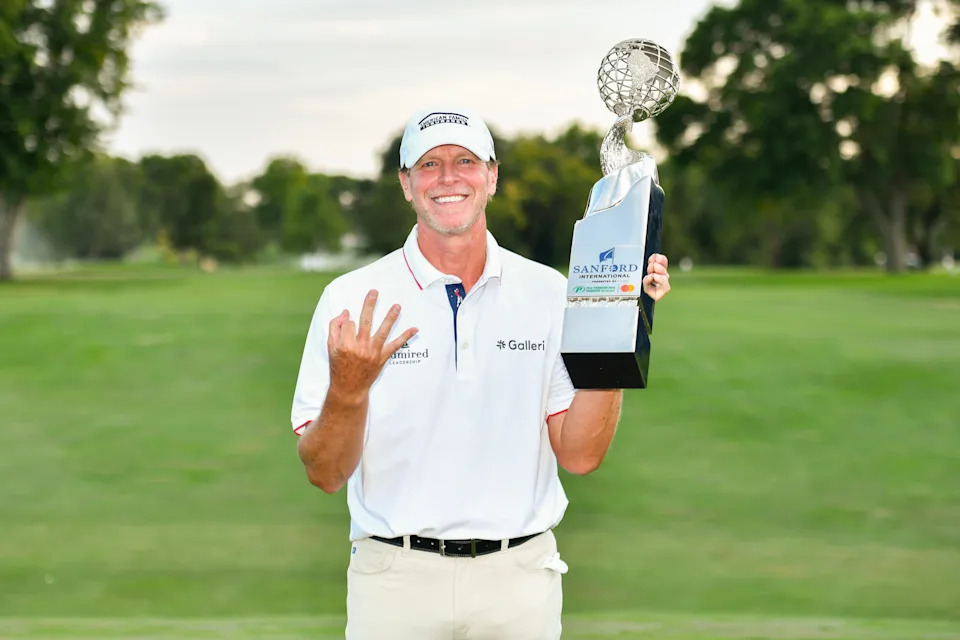 Steve Stricker poses after winning the 2024 Sanford International at Minnehaha Country Club. (Alex Goodlett/Getty Images)