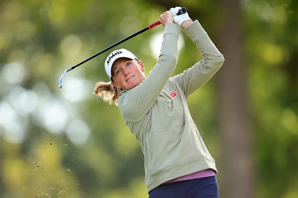Stacy Lewis of the United States plays her shot from the third tee during the first round of the Walmart NW Arkansas Championship presented by P&G 2024 at Pinnacle Country Club on September 27, 2024 in Rogers, Arkansas.
