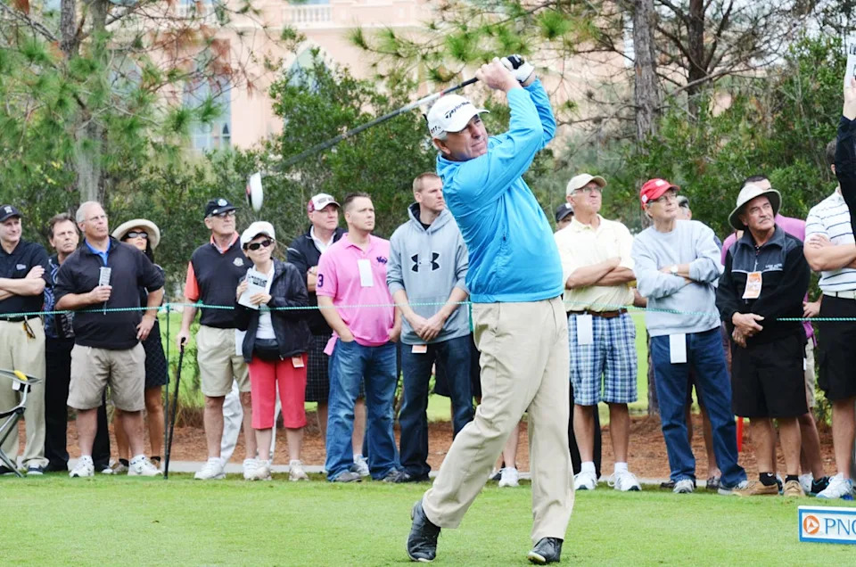 Hale Irwin hits his tee ball at No. 1 during the first round of the Father/Son Challenge at the Ritz-Carlton Golf Club in Orlando. (Photo: Getty Images)