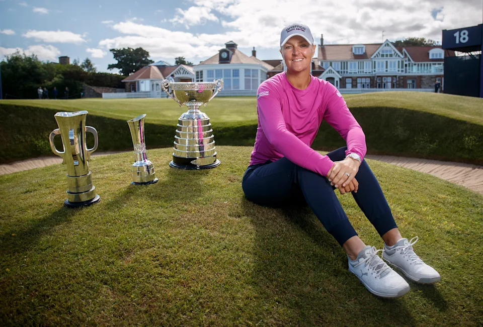Anna Nordqvist poses with the 2021 AIG Women's British Open trophy, the R&A Girls’ Amateur Championship trophy and the Women’s Amateur Championship trophy at Muirfield on Aug. 1, 2022 in Scotland. (Photo: Oisin Keniry/R&A via Getty Images)