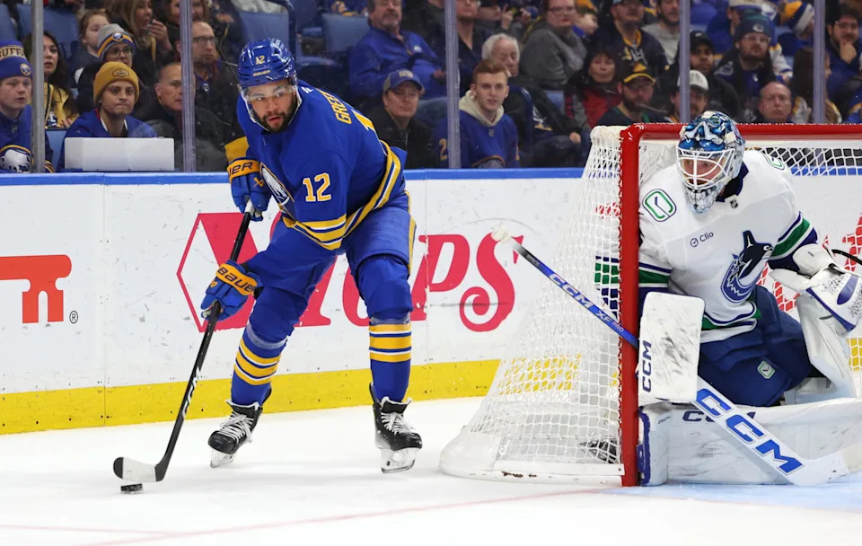 Jan 6, 2026; Buffalo, New York, USA; Vancouver Canucks goaltender Thatcher Demko (35) watches as Buffalo Sabres left wing Jordan Greenway (12) looks to make a pass during the second period at KeyBank Center. Mandatory Credit: Timothy T. Ludwig-Imagn Images