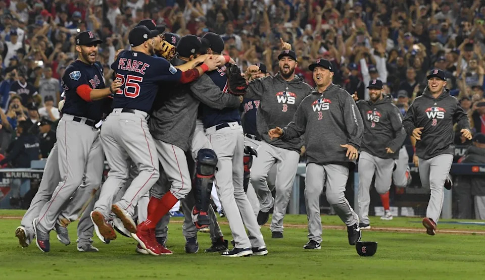 Boston Red Sox players celebrate after defeating the Los Angeles Dodgers in game five of the 2018 World Series at Dodger Stadium. USA TODAY Sports
