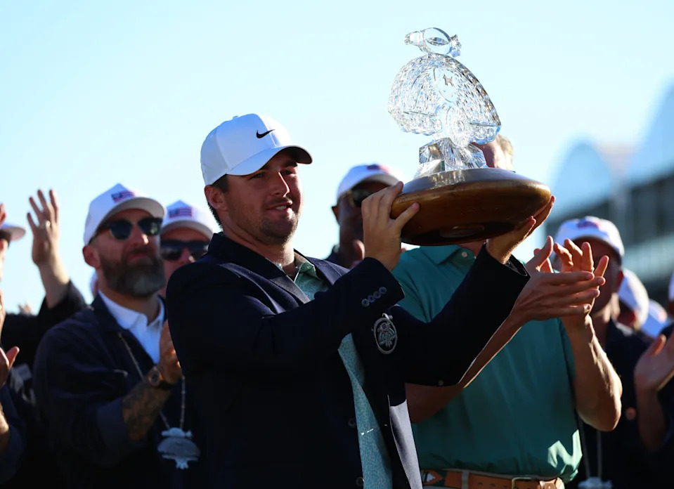 Chris Gotterup celebrates after winning the 2026 WM Phoenix Open at TPC Scottsdale.