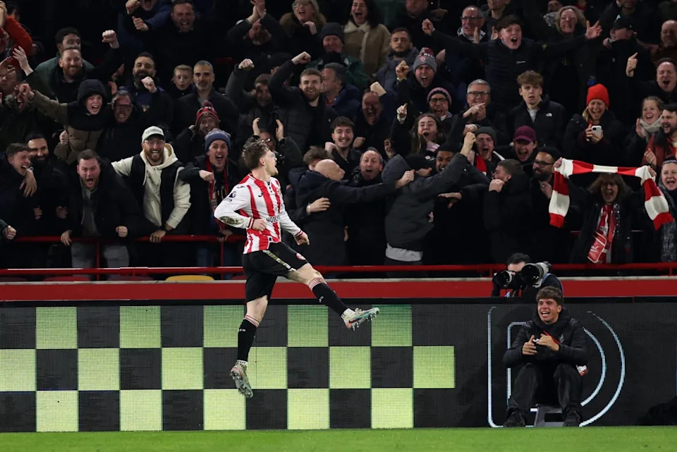 Brentford's Keane Lewis-Potter celebrates scoring their first goal (REUTERS)
