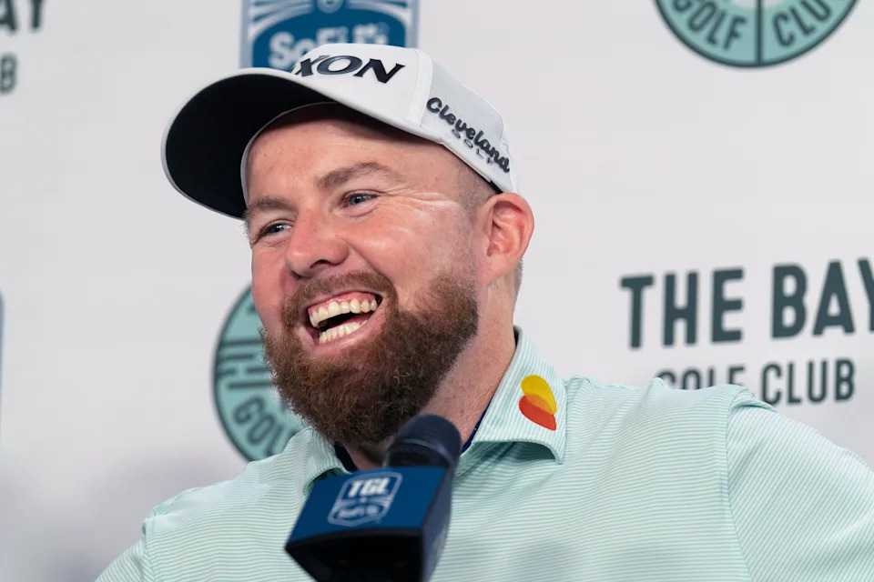 Shane Lowry of The Bay Golf Club answers questions from the media after match with Atlanta Drive GC at SoFi Center on January 6, 2026, in Palm Beach Gardens, Florida.