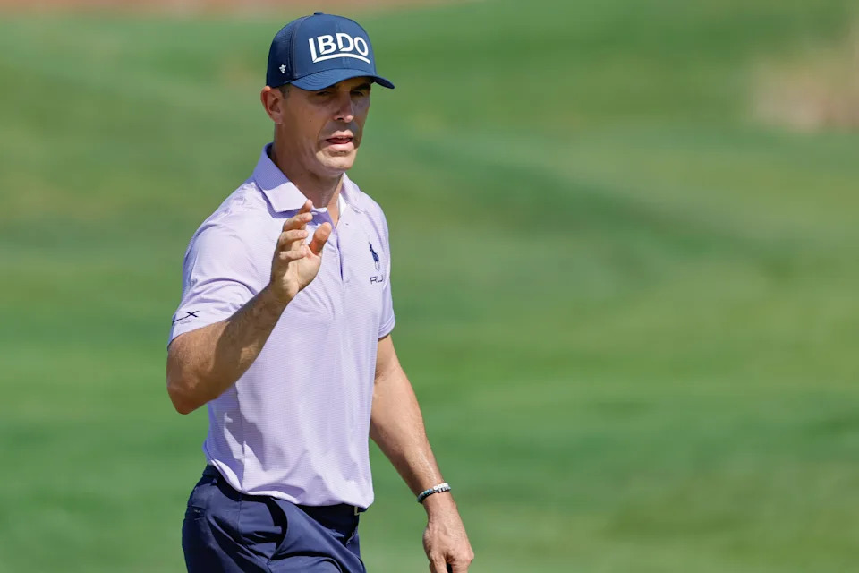 Feb 27, 2025; Palm Beach Gardens, Florida, USA; Billy Horschel reacts to the crowd applause after making his putt on the third green the first round of the Cognizant Classic in The Palm Beaches golf tournament. Mandatory Credit: Reinhold Matay-Imagn Images