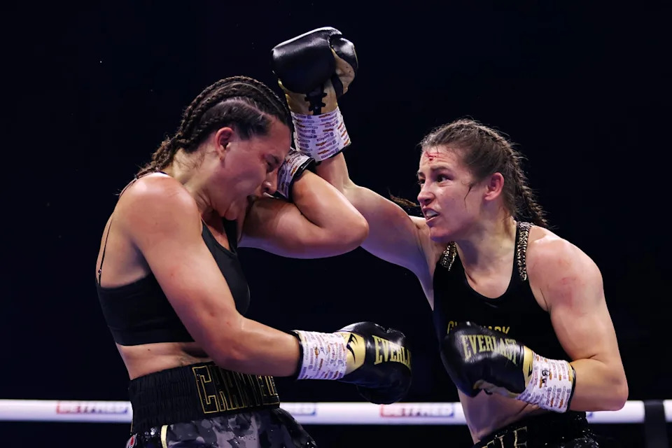 Chantelle Cameron (left), pictured during her second fight with Katie Taylor, will also compete on the 5 April card (Getty Images)