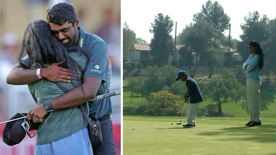 sahith theegala his mother, both a kid and as a tour winner