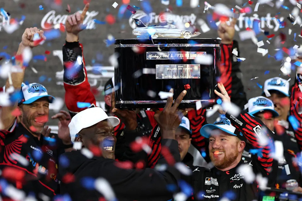 Michael Jordan and Tyler Reddick celebrate the Daytona 500 win in Victory Lane. (Photo by Chris Graythen/Getty Images)