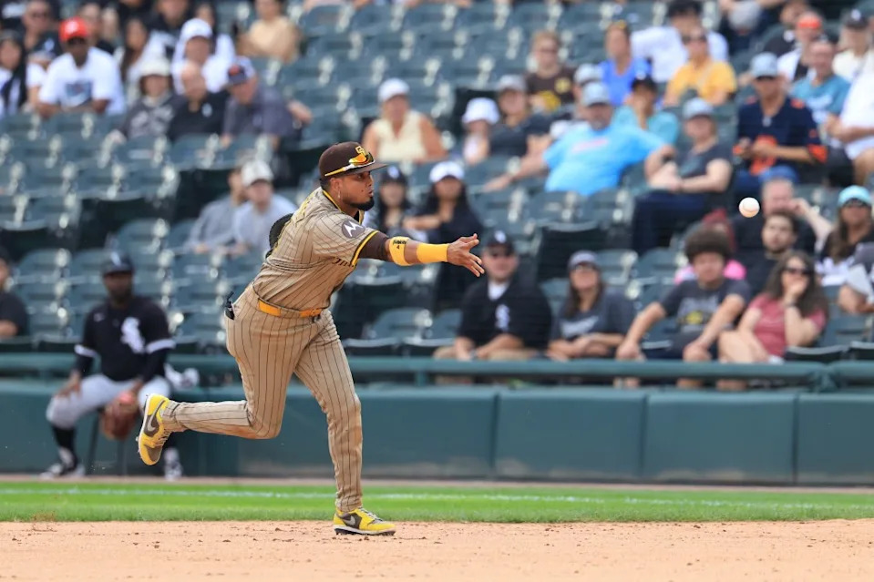 Luis Arraez throws to first base during the ninth inning of the Padres’ win over the White Sox at Rate Field on Sept. 21, 2025 in Chicago. Getty Images