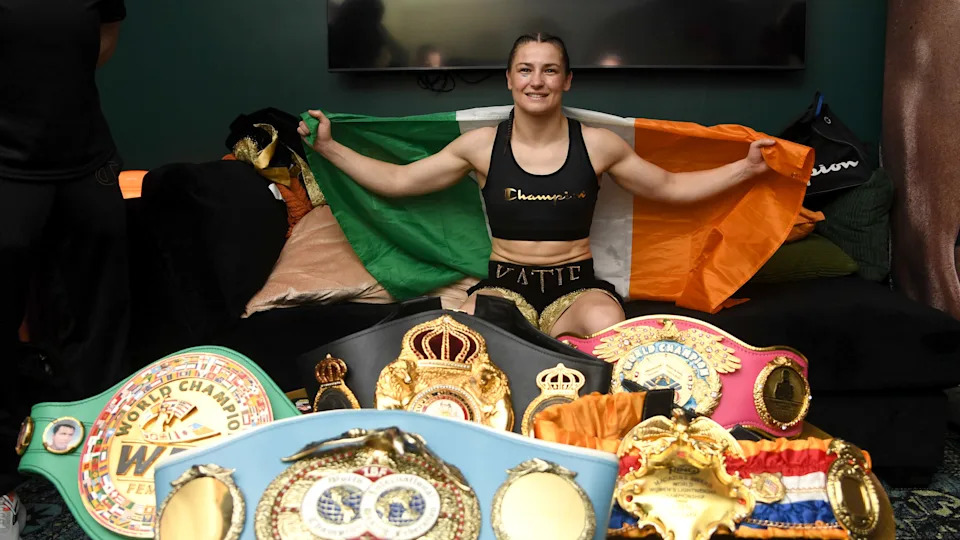 NEW YORK, NEW YORK - JULY 11: Katie Taylor celebrates in her dressing room after defeating Amanda Serrano by a majority decision in their undisputed IBF, WBA, WBC, WBO, and Ring super lightweight championship bout during Netflix's Katie Taylor vs Amanda Serrano 3 - Historic All-Women Fight Card at Madison Square Garden on July 11, 2025 in New York City. (Photo by Noam Galai/Getty Images for Netflix)