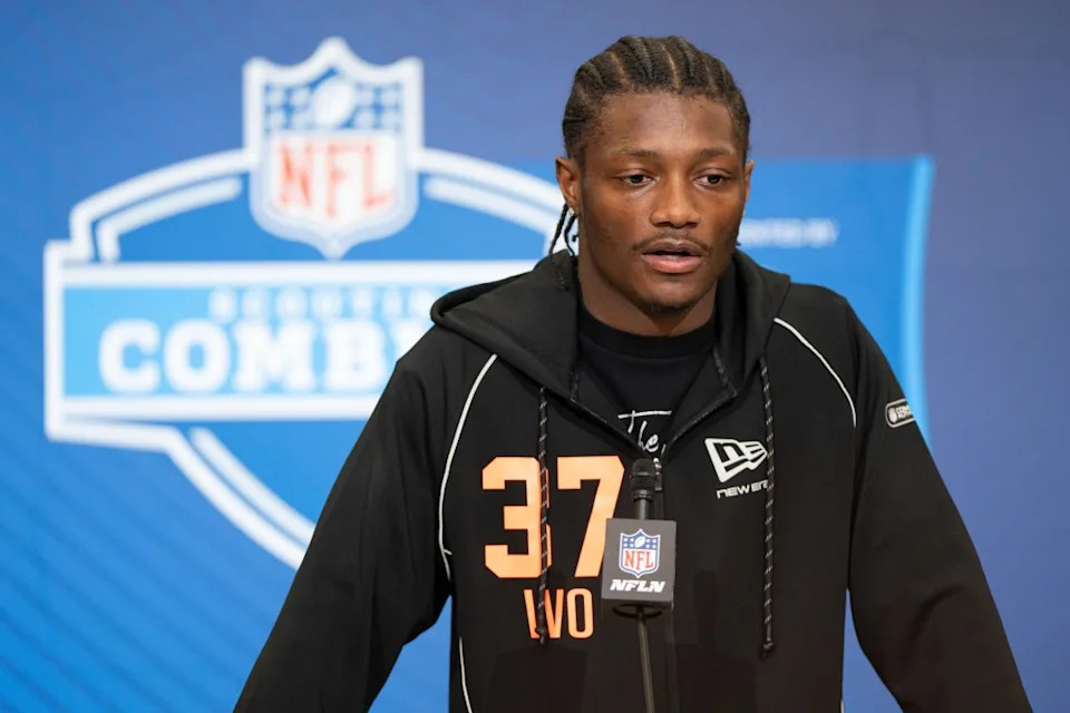 Ohio State wideout Carnell Tate speaks to members of the media during the NFL Combine at the Indiana Convention Center. Jacob Musselman-Imagn Images